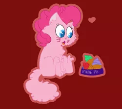 Size: 1200x1080 | Tagged: artist:amethystcutey, cat, catified, chest fluff, cupcake, cute, derpibooru import, diapinkes, female, food, food bowl, heart, leg fluff, open mouth, pacman eyes, pinkie cat, pinkie pie, red background, safe, simple background, sitting, smiling, solo, species swap, whiskers