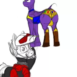 Size: 1000x1000 | Tagged: suggestive, artist:tracerpainter, derpibooru import, oc, ponified, pony, antman, clothes, imminent anal vore, infinity panties, large butt, marvel, meme, suit, thanos