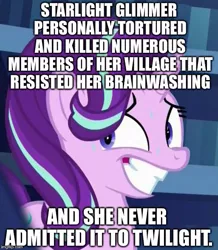 Size: 513x587 | Tagged: semi-grimdark, derpibooru import, edit, edited screencap, screencap, starlight glimmer, pony, unicorn, the crystalling, caption, cropped, female, grin, headcanon, image macro, implied death, implied murder, mare, nervous, nervous grin, smiling, solo, sweat, text