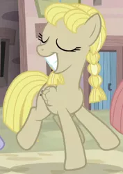 Size: 524x742 | Tagged: safe, derpibooru import, screencap, offbeat, pegasus, pony, the cutie map, animation error, cropped, cult, dancing, eyes closed, fake smile, female, in our town, mare, our town, smiling, solo focus, wide smile