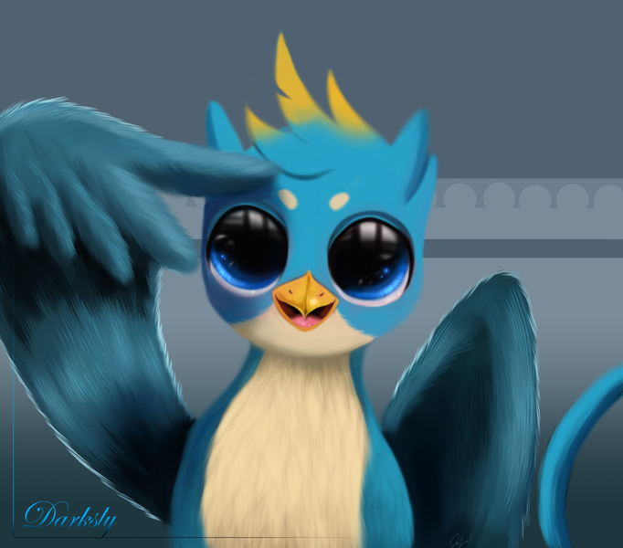 Size: 3200x2816 | Tagged: safe, alternate version, artist:darksly, derpibooru import, gallus, gryphon, big eyes, cute, gallabetes, looking at you, male, salute, signature, solo, staring into your soul