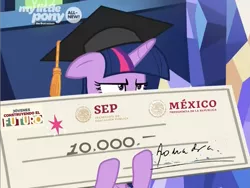 Size: 1499x1125 | Tagged: safe, derpibooru import, edit, edited screencap, screencap, twilight sparkle, twilight sparkle (alicorn), alicorn, pony, the beginning of the end, cursed, giant check, graduation cap, hat, mexico, peso, shitposting, solo, spanish, unamused