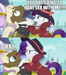 Size: 1920x2160 | Tagged: aggressive, and then sex happened, angry, bowtie, canterlot, caption, clothes, comic, derpibooru import, detective rarity, edit, edited screencap, excessive exclamation marks, fedora, funny, hat, image macro, implied femdom, implied sex, not caramel, rarity, screencap, screencap comic, shipping, smiling, sparkle's seven, suggestive, suit, text, trenchcoat