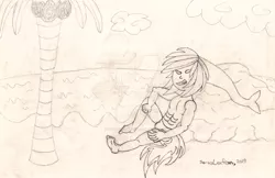 Size: 1024x664 | Tagged: abs, anthro, arms, artist:sorasleafeon, beach, clothes, cloud, coconut, crossover, derpibooru import, fins, food, legs, male, monochrome, oc, ocean, oc:shadow sora, original species, palm tree, pencil drawing, relaxed, rock, safe, sand, smiling, smirk, solo, speedo, swimming trunks, swimsuit, tail, the legend of zelda, traditional art, transformation, transformed, tree, unofficial characters only, water, wip, zora