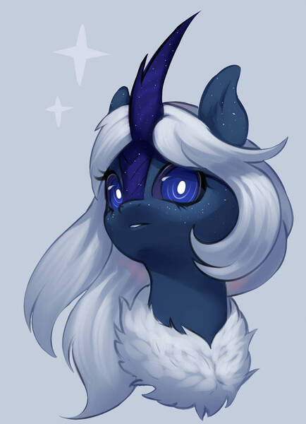 Size: 761x1051 | Tagged: source needed, safe, artist:nagathesiren, derpibooru import, oc, oc:calliope, unofficial characters only, kirin, unicorn, au:equuis, blue eyes, bust, female, horn, image, jpeg, kirin oc, portrait, purple sclera, simple background, solo, sparkly, sparkly eyes, white hair, white mane