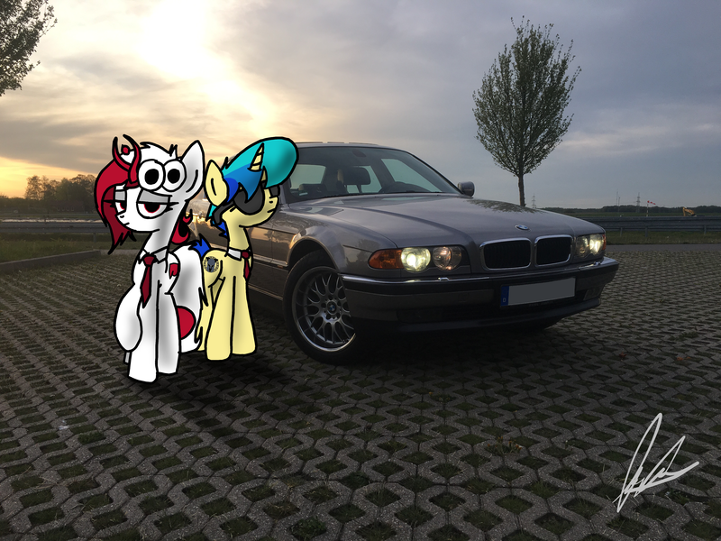 Size: 4032x3024 | Tagged: safe, artist:flaremoon, derpibooru import, oc, oc:mercury haze, oc:razlad, unofficial characters only, pony, bmw, bmw 7-series, bmw e38, businessmare, car, duo, helix horn, irl, photo, ponies in real life