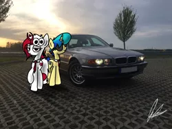 Size: 4032x3024 | Tagged: safe, artist:flaremoon, derpibooru import, oc, oc:mercury haze, oc:razlad, unofficial characters only, pony, bmw, bmw 7-series, bmw e38, businessmare, car, duo, helix horn, irl, photo, ponies in real life