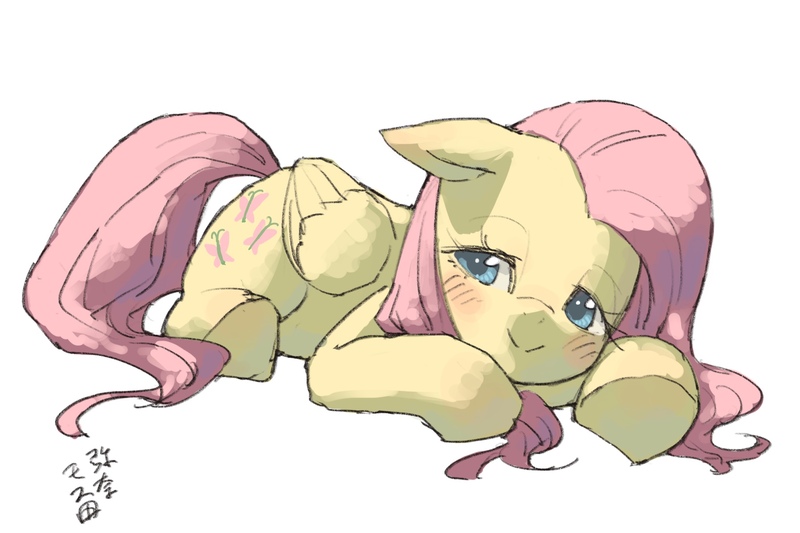 Size: 1800x1200 | Tagged: safe, artist:yanamosuda, derpibooru import, fluttershy, pegasus, pony, blushing, cute, female, floppy ears, folded wings, looking away, looking sideways, mare, prone, shyabetes, simple background, smiling, solo, white background, wings