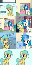 Size: 1502x3007 | Tagged: safe, artist:datahmedz, derpibooru import, sunshower raindrops, vinyl scratch, pony, raindropsanswers, ask, confused, fourth wall, le lenny face, magic, tumblr