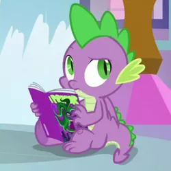 Size: 277x276 | Tagged: safe, derpibooru import, screencap, mane-iac, spike, dragon, the point of no return, claws, comic book, cropped, folded wings, interrupted, male, raised eyebrow, sitting, solo, toes, underfoot, winged spike, wings