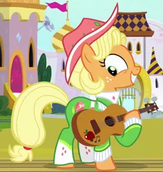 Size: 619x657 | Tagged: safe, derpibooru import, screencap, applejack, earth pony, pony, sparkle's seven, apple chord, cropped, excited, female, freckles, guitar, happy, mare, musical instrument, smiling, solo