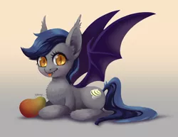 Size: 2911x2250 | Tagged: safe, artist:taytinabelle, derpibooru import, oc, oc:echo, unofficial characters only, bat pony, pony, :p, bat pony oc, bat wings, chest fluff, cute, cute little fangs, ear fluff, eyelashes, fangs, fluffy, food, gradient background, happy, leg fluff, looking at you, mango, ocbetes, simple background, slit eyes, smiling, solo, spread wings, tongue out, unshorn fetlocks, wide eyes, wings, yellow eyes