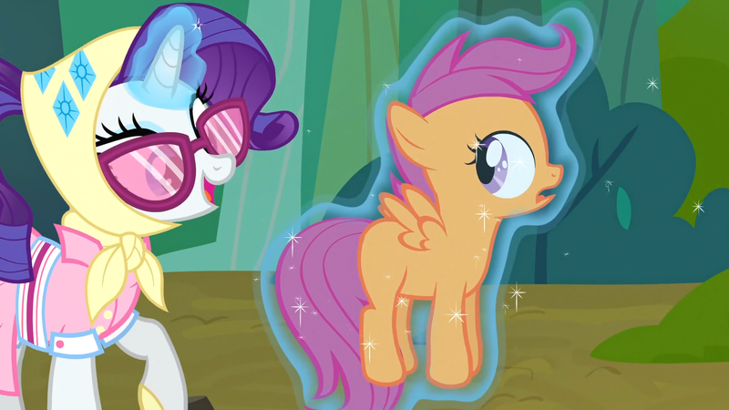 Size: 1615x909 | Tagged: safe, derpibooru import, screencap, rarity, scootaloo, pegasus, pony, unicorn, sleepless in ponyville, camping outfit, dat butt, glowing horn, horn, levitation, magic, meme, out of context, telekinesis