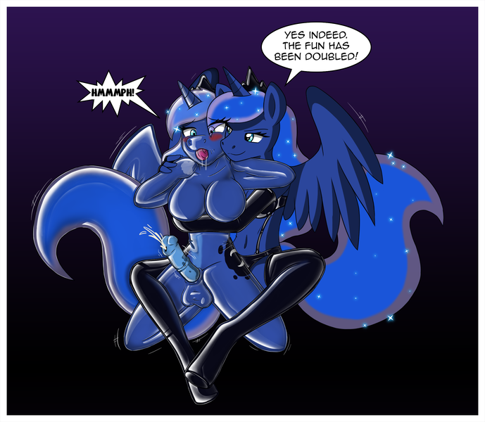 Size: 2160x1880 | Tagged: explicit, alternate version, artist:naughtycatnick, derpibooru import, princess luna, oc, oc:windswept skies, alicorn, anthro, pegasus, unguligrade anthro, bdsm, bitchsuit, blushing, bondage, breasts, breath, canon x oc, clothes, cum, cumming, dialogue, drool, encasement, featureless breasts, female, femboy, femdom, futa, gag, gradient background, horsecock, hug, image, intersex, latex, latex socks, latex suit, lingerie, male, mare, mask, masking, mottled genitals, muffled moaning, nudity, penis, png, ponysuit, ring gag, socks, spread wings, stallion, trap, tunnel gag, wings