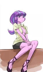 Size: 596x1000 | Tagged: suggestive, artist:invisibleone11, derpibooru import, starlight glimmer, equestria girls, absolute cleavage, blushing, breasts, busty starlight glimmer, cleavage, clothes, female, legs, looking at you, no bra underneath, open clothes, open shirt, sexy, sitting, solo