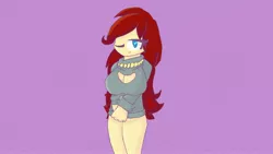 Size: 3240x1823 | Tagged: artist:endertheglitch, bottomless, breasts, clothes, derpibooru import, female, human, humanized, keyhole turtleneck, loose hair, oc, oc:golden brooch, one eye closed, open-chest sweater, partial nudity, solo, solo female, suggestive, sweater, turtleneck, wink