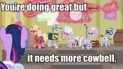 Size: 960x540 | Tagged: alicorn, annoyed, bass guitar, bell, caption, chelsea porcelain, cowbell, derpibooru import, drums, dusty pages, edit, edited screencap, false teeth, guitar, image macro, levitation, magic, more cowbell, mr. waddle, musical instrument, old ponies, safe, screencap, telekinesis, text, the point of no return, trumpet, twilight sparkle, twilight sparkle (alicorn)