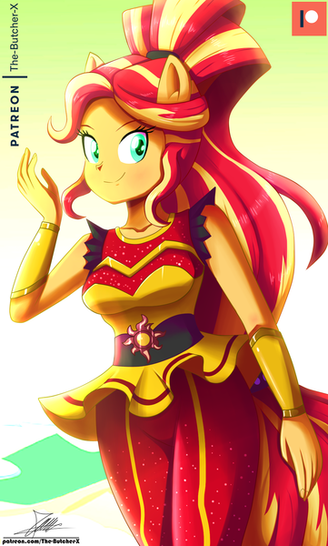 Size: 1120x1860 | Tagged: safe, artist:the-butch-x, derpibooru import, sunset shimmer, dance magic, equestria girls, spoiler:eqg specials, beautiful, breasts, clothes, cute, dress, female, looking at you, patreon, patreon logo, ponied up, pony ears, ponytail, shimmerbetes, skirt, smiling, solo, super ponied up