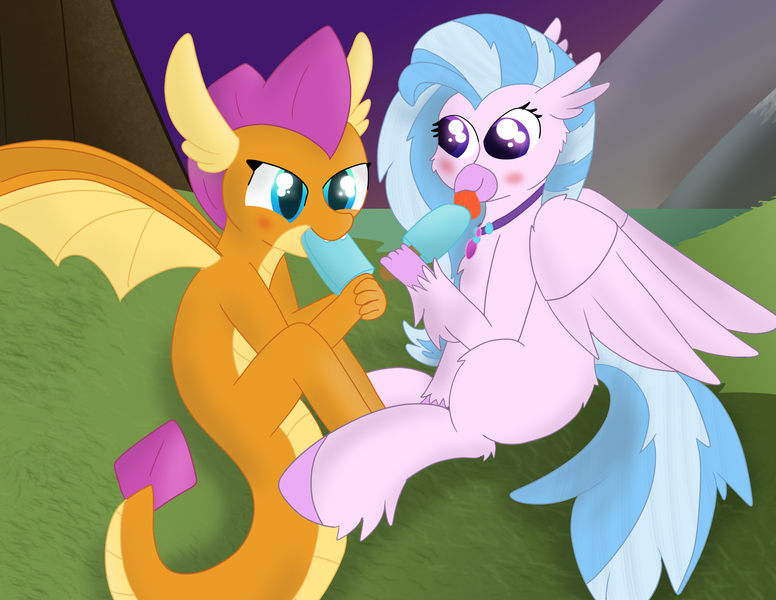 Size: 3300x2550 | Tagged: artist:skyflys, blushing, cute, derpibooru import, diastreamies, dragon, dragoness, female, food, hippogriff, ice cream, kingdom hearts, lesbian, popsicle, safe, sea salt ice cream, shipping, silverstream, smolder, smolderbetes, smolderstream, teenager