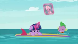 Size: 1920x1080 | Tagged: alicorn, derpibooru import, dragon, duo, lifejacket, sad, safe, screencap, spike, surfboard, the point of no return, twilight is not amused, twilight sparkle, twilight sparkle (alicorn), unamused, water, wet, wet mane, windsurfing, winged spike