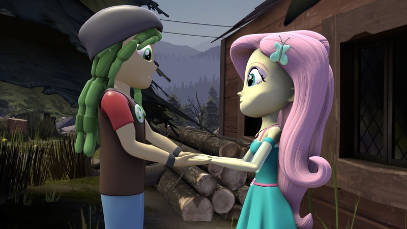 Size: 1920x1080 | Tagged: safe, artist:fazbearsparkle, derpibooru import, fluttershy, sandalwood, equestria girls, equestria girls series, 3d, couple, female, forest, holding hands, male, sandalshy, shipping, source filmmaker, straight