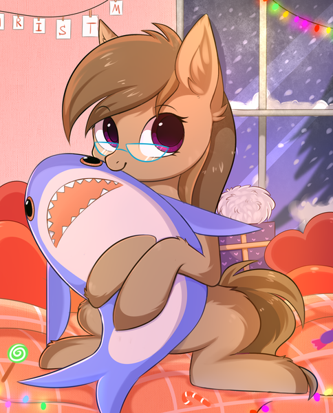 Size: 2214x2746 | Tagged: safe, alternate version, artist:pesty_skillengton, derpibooru import, oc, oc:dawnsong, unofficial characters only, earth pony, pony, shark, colored pupils, commission, cuddling, cute, ear fluff, earth pony oc, female, glasses, leg fluff, looking at you, mare, plushie, shark plushie, solo, toy, ych result