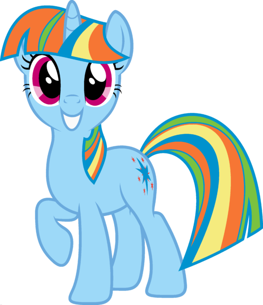 Size: 1920x2233 | Tagged: safe, derpibooru import, edit, vector edit, rainbow dash, twilight sparkle, pony, unicorn, ponyar fusion, female, fusion, looking at you, mare, palette swap, raised hoof, recolor, simple background, smiling, solo, transparent background, unicorn rainbow dash, unicorn twilight, vector