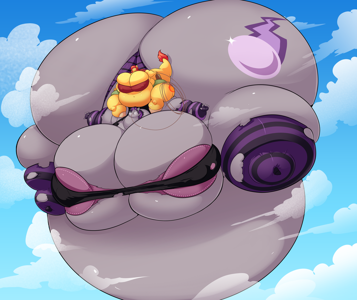 Size: 5700x4800 | Tagged: questionable, artist:jaeh, derpibooru import, oc, oc:flamespitter, oc:magna-save, anthro, original species, unguligrade anthro, unicorn, air inflation, ass, belly, big belly, big breasts, blimp, bra, breasts, butt, chubby cheeks, cleavage, clothes, duo, duo female, female, floating, floating away, hose, huge belly, huge breasts, huge butt, hyper, hyper breasts, hyper butt, hyper inflation, impossibly large belly, impossibly large breasts, impossibly large butt, inflation, large butt, nipples, non-pony oc, nudity, panties, partial nudity, sky, stretched cutie mark, the ass was fat, thighs, this will end in explosions, thunder thighs, underwear