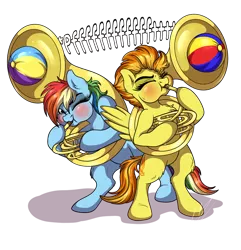 Size: 878x910 | Tagged: safe, artist:lupiarts, derpibooru import, rainbow dash, spitfire, pegasus, pony, beach ball, blowing, blowing fetish, blushing, cute, cutefire, dashabetes, eyes closed, inflatable, inflating, musical instrument, one eye closed, puffy cheeks, rainblow dash, simple background, sousaphone, transparent background, weird fetish, wink