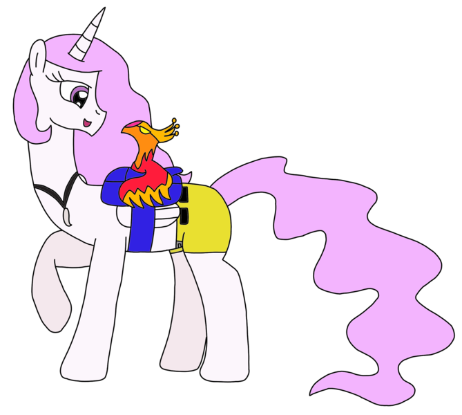 Size: 2256x2022 | Tagged: safe, artist:supahdonarudo, derpibooru import, philomena, princess celestia, phoenix, pony, bag, banjo kazooie, clothes, cosplay, costume, jewelry, necklace, ph, pink mane, pink-mane celestia, saddle bag, shorts, simple background, transparent background