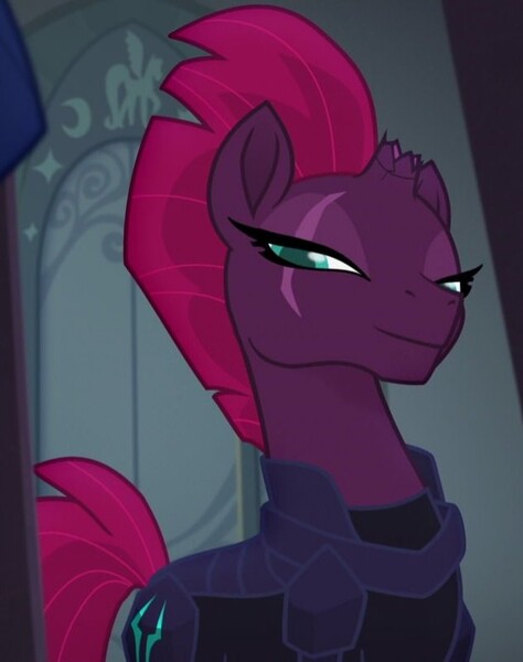 Size: 635x803 | Tagged: armor, beautiful, broken horn, canterlot castle, cracked horn, cropped, derpibooru import, evil smirk, eye scar, female, horn, mare, mohawk, my little pony: the movie, pretty pretty tempest, safe, scar, screencap, smiling, smirk, solo, tempest shadow, throne room