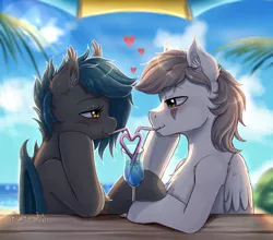 Size: 1600x1410 | Tagged: safe, artist:evomanaphy, derpibooru import, oc, oc:nuke, oc:speck, unofficial characters only, bat pony, pegasus, pony, beach, bendy straw, blushing, couple, drink, drinking, drinking straw, female, human shoulders, husband and wife, looking at each other, male, married couple, married couples doing married things, not kej, sharing a drink, smiling, speke