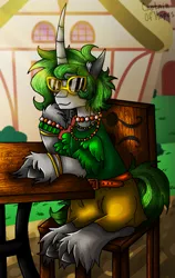 Size: 745x1180 | Tagged: safe, artist:captainofhopes, derpibooru import, oc, oc:schiller rush, pony, unicorn, belt, bracelet, chair, clothes, female, horn, jewelry, long horn, mare, necklace, shirt, shorts, signature, solo, sunglasses, table
