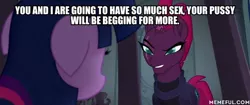 Size: 600x251 | Tagged: suggestive, derpibooru import, edit, edited screencap, screencap, tempest shadow, twilight sparkle, twilight sparkle (alicorn), alicorn, unicorn, my little pony: the movie, armor, broken horn, caption, eye scar, female, floppy ears, horn, image macro, implied sex, lesbian, mare, scar, shipping, tempestlight, text