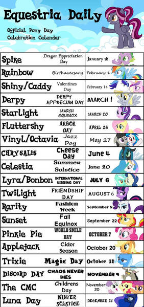 Size: 613x1304 | Tagged: apple bloom, applejack, bon bon, calendar, celestia day, chrysalis day, cmc day, cutie mark crusaders, dead source, derpibooru import, derpy day, derpy hooves, discord day, equestria daily, fluttershy, fluttershy day, luna day, lyra and bon bon day, lyra heartstrings, mane six, octavia melody, pinkie pie, pinkie pie day, princess cadance, princess celestia, princess luna, queen chrysalis, rainbow dash, rarity, safe, scootaloo, shining armor, spike, spike day, starlight glimmer, starlight glimmer day, sunset shimmer, sweetie belle, sweetie drops, trixie, trixie day, twilight day, twilight sparkle, updated, vinyl and octavia day, vinyl scratch