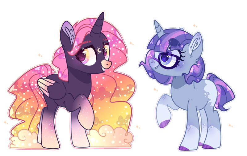 Size: 4806x3054 | Tagged: safe, artist:jxst-alexa, derpibooru import, oc, unofficial characters only, alicorn, pony, unicorn, alicorn oc, base used, colored hooves, colored wings, ethereal mane, female, glasses, gradient hooves, gradient wings, half-siblings, heart eyes, horn, magical lesbian spawn, mare, offspring, parent:moondancer, parent:princess luna, parent:sunset shimmer, parents:lunadancer, parents:lunashimmer, simple background, starry mane, starry wings, transparent background, two toned wings, wingding eyes, wings