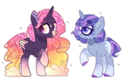 Size: 4806x3054 | Tagged: safe, artist:jxst-alexa, derpibooru import, oc, unofficial characters only, alicorn, pony, unicorn, alicorn oc, base used, colored hooves, colored wings, ethereal mane, female, glasses, gradient hooves, gradient wings, half-siblings, heart eyes, horn, magical lesbian spawn, mare, offspring, parent:moondancer, parent:princess luna, parent:sunset shimmer, parents:lunadancer, parents:lunashimmer, simple background, starry mane, starry wings, transparent background, two toned wings, wingding eyes, wings