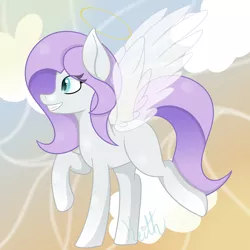 Size: 1024x1024 | Tagged: safe, artist:palerose522, derpibooru import, oc, oc:feathered soul, unofficial characters only, angel pony, original species, pegasus, pony, angel, blank flank, cloud, female, halo, mare, raised hoof, solo