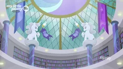 Size: 1920x1080 | Tagged: architecture, canterlot library, derpibooru import, dome, no pony, safe, screencap, statue, the point of no return