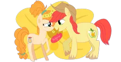 Size: 3900x2000 | Tagged: safe, artist:catz537, derpibooru import, bright mac, pear butter, earth pony, pony, brightbutter, cute, dialogue, female, floral head wreath, flower, high res, male, mare, shipping, simple background, speech bubble, straight, transparent background