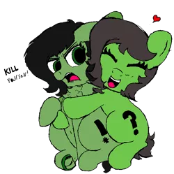 Size: 751x748 | Tagged: safe, artist:redcrow32, color edit, derpibooru import, edit, oc, oc:anonfilly, unofficial characters only, pony, angry, chest fluff, colored, exclamation point, eyes closed, female, filly, frog (hoof), happy, heart, hug, kill yourself, question mark, solo, underhoof, vulgar