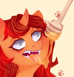 Size: 3400x3513 | Tagged: safe, artist:queennutti, derpibooru import, oc, unofficial characters only, bee, insect, pony, unicorn, commission, eyes on the prize, fangs, food, honey, honey dipper, horn, looking up, tongue out, unicorn oc, ych result