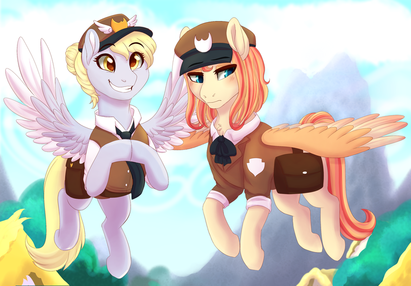 Size: 3000x2085 | Tagged: safe, artist:miamaha, derpibooru import, derpy hooves, oc, oc:eventide twister, pegasus, pony, alternate hairstyle, clothes, female, flying, hair bun, hooves together, mailbag, mailmare, mailpony, mare, offspring, parent:quarter hearts, parent:sunset shimmer, parents:sunsethearts, uniform