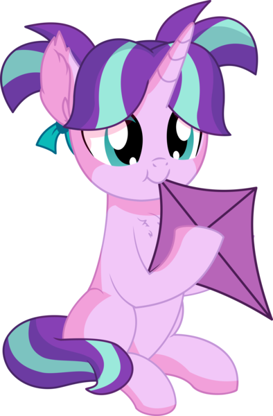 Size: 5269x8032 | Tagged: safe, artist:cyanlightning, derpibooru import, starlight glimmer, pony, unicorn, .svg available, :t, absurd resolution, chest fluff, cute, ear fluff, eating, female, filly, filly starlight glimmer, glimmerbetes, holding, kite, nom, pigtails, silly, silly pony, simple background, sitting, smiling, solo, that pony sure does love kites, transparent background, vector, weapons-grade cute, younger