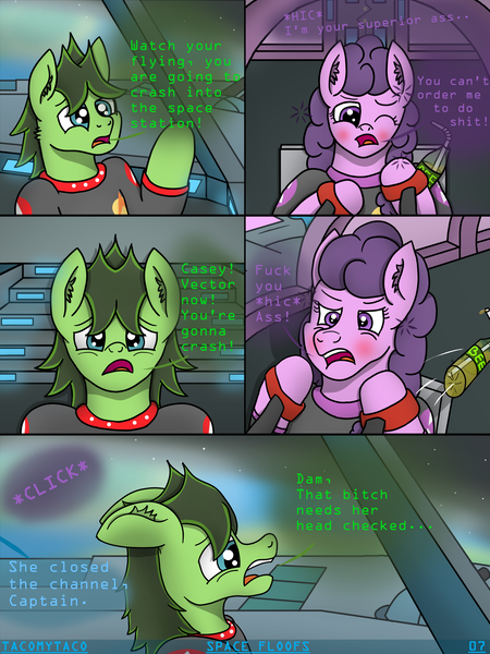 Size: 3024x4032 | Tagged: safe, artist:tacomytaco, derpibooru import, oc, oc:admiral casey, oc:captain conray, oc:eickland, unofficial characters only, earth pony, pony, comic:space floofs, angry, bipedal, blushing, bottle, clothes, comic, comic page, drunk, female, male, offscreen character, one eye closed, planet, shirt, space, swearing, text, uniform, vulgar, worried