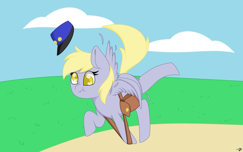 Size: 3408x2136 | Tagged: safe, artist:gblacksnow, derpibooru import, derpy hooves, pegasus, pony, colored pupils, cute, derpabetes, derpy doing derpy things, female, hat, mailmare, mare, nose wrinkle, solo, tripping