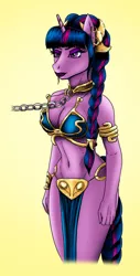 Size: 476x940 | Tagged: alternate hairstyle, anthro, artist:astraldog, bikini, breasts, busty twilight sparkle, chained, cleavage, clothes, collar, derpibooru import, female, femsub, lipstick, return of the jedi, simple background, slave leia outfit, solo, solo female, star wars, submissive, suggestive, swimsuit, twilight is not amused, twilight sparkle, unamused, yellow background