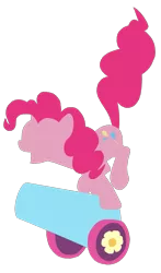 Size: 685x1165 | Tagged: safe, artist:chachaxevaxjeffrey, derpibooru import, pinkie pie, earth pony, pony, cannon, eyes closed, female, happy, hooves, lineless, mare, minimalist, modern art, open mouth, party cannon, simple background, smiling, solo, transparent background