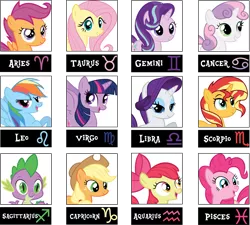 Size: 5558x4995 | Tagged: safe, artist:luckreza8, artist:yukimia, derpibooru import, apple bloom, applejack, fluttershy, pinkie pie, rainbow dash, rarity, scootaloo, spike, starlight glimmer, sunset shimmer, sweetie belle, twilight sparkle, twilight sparkle (alicorn), alicorn, dragon, earth pony, pegasus, pony, unicorn, applejack's hat, aquarius, aries, cancer (horoscope), capricorn, cowboy hat, female, filly, flying, gemini, hat, horoscope, leo, libra, lidded eyes, male, mare, open mouth, pisces, sagittarius, scorpio, simple background, smiling, taurus, transparent background, virgo, wings, zodiac, zodiac sign