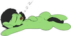 Size: 3031x1542 | Tagged: safe, artist:smoldix, derpibooru import, oc, oc:anonfilly, unofficial characters only, earth pony, pony, armpits, belly button, chest fluff, eyes closed, female, filly, lying down, onomatopoeia, open mouth, simple background, sleeping, solo, sound effects, transparent background, underhoof, zzz